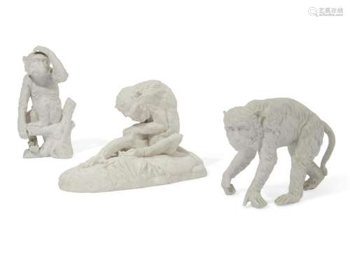 Three Continental bisque porcelain monkeys