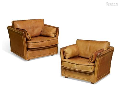 Pair chrome & brown leather Modernist armchairs