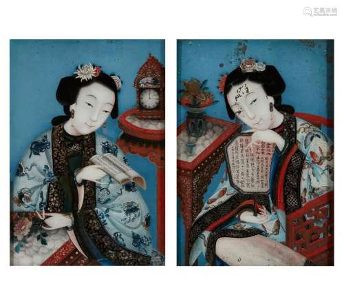 A pair of Chinese reverse paintings of ladies