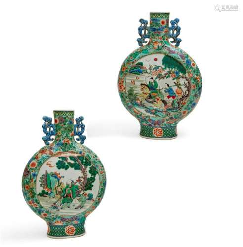 Pair Chinese Famille Verte porcelain moon flasks