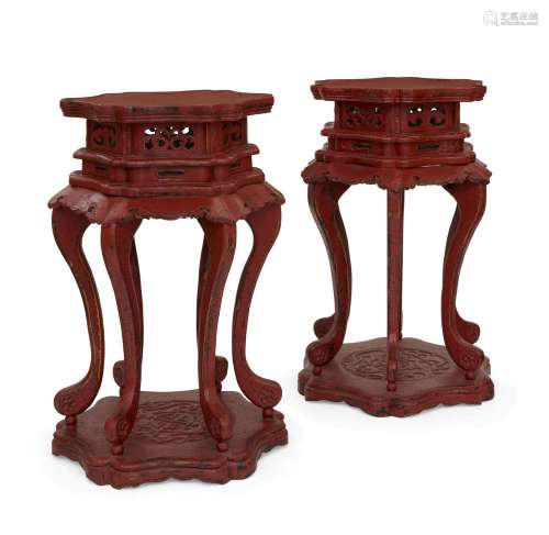 A pair of Chinese red lacquered stands