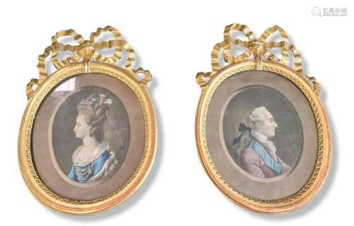 Paire de gouaches ovales aux profils de Louis XVI et de Mari...