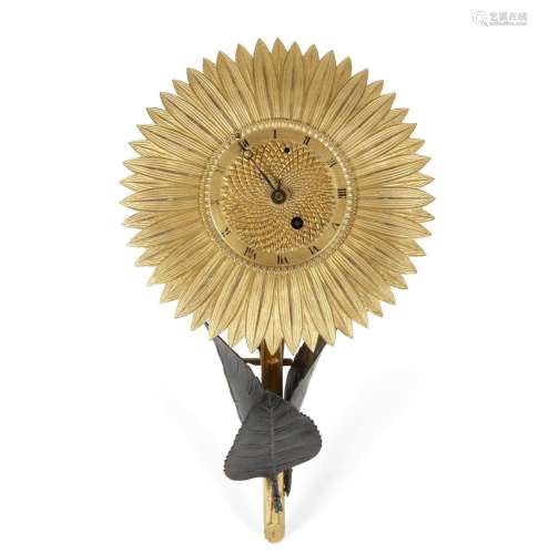 A French bronze sunflower form timepiece