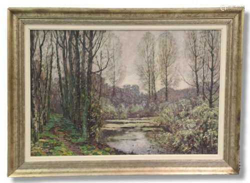 Henri DEGLUME (1865-1940)., Paysage lacustre., Huile sur toi...