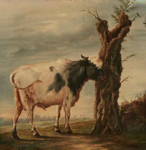 Dutch School, Bull by a tree in a landscape
