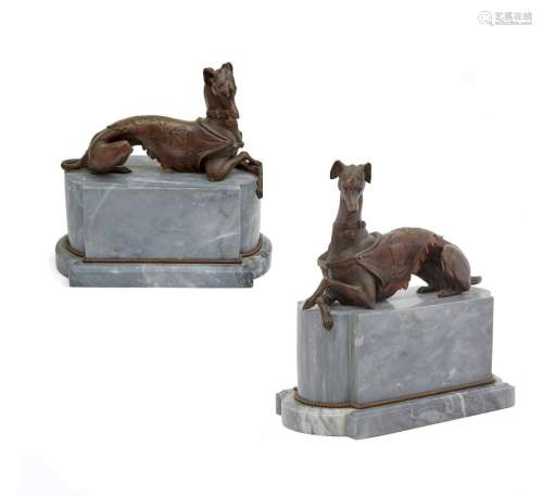 A pair of French bronze & marble models of hounds