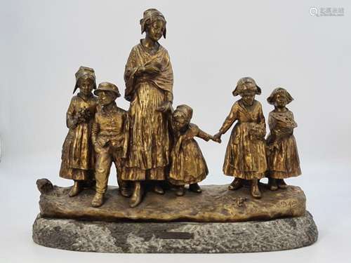 J. d’ASTE (1872-1945)., Fête au village., Groupe en bronze d...