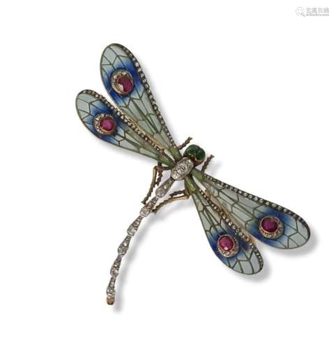 Broche art nouveau en forme de libellule, Or, rubis, diamant...