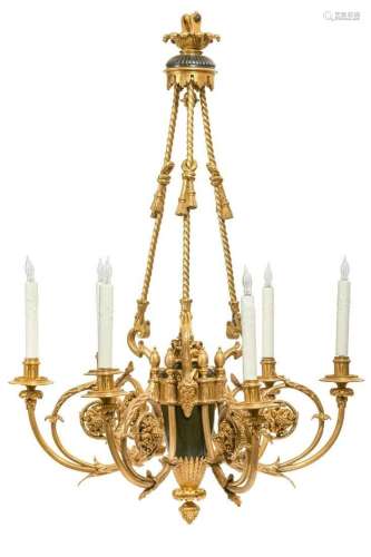 A Louis XVI style gilt bronze and tole chandelier