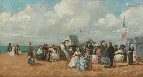 Manner of Eugene Boudin, Elegant figure on beach