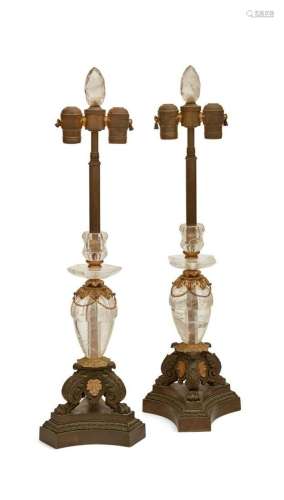 A pair of Neoclassical style rock crystal lamps