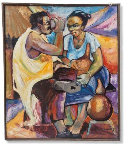 Lema KUSA (1944)., Scène africaniste, femme à la gourde et p...