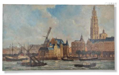 Michel HERTZ (1933)., Vue du port d’Anvers., Huile de toile....
