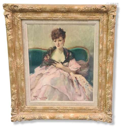 Fernand TOUSSAINT (1873-1956)., Elégante assise à la robe ro...