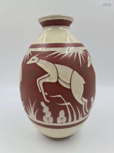 ($) Charles CATTEAU (1880-1966)., Vase Boch Keramis art déco...