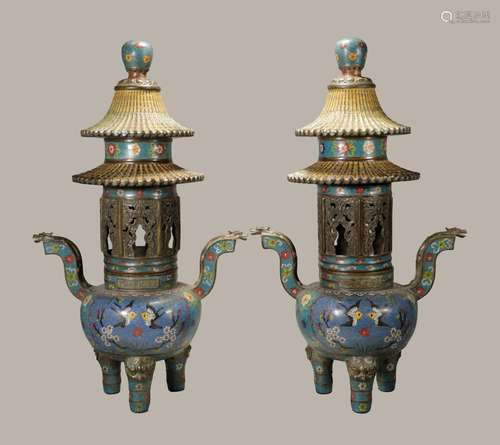 Qing Dynasty cloisonne incense burner pair