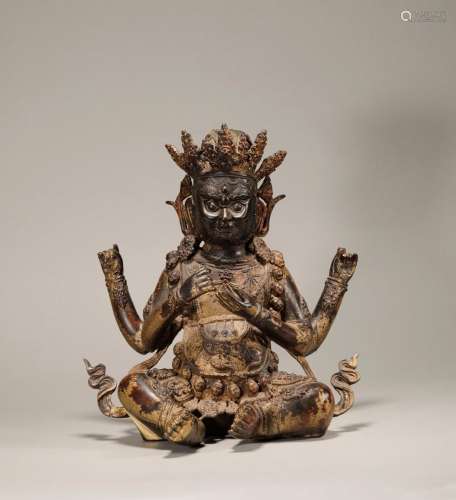 Ming Dynasty copper paint gold four arms big black sky