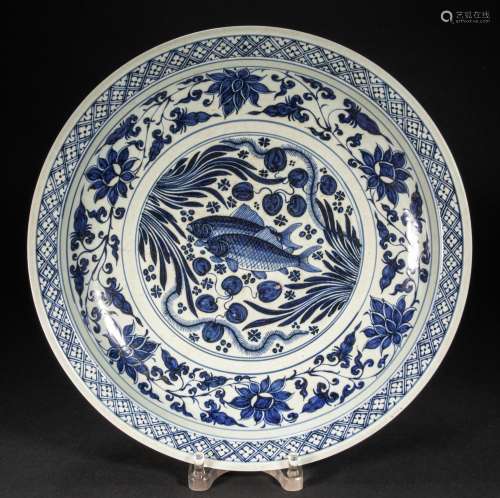 Qing Dynasty blue and white double fish pattern plate