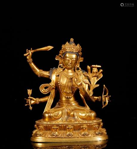 Qing Dynasty bronze gilt four arms Guanyin statue