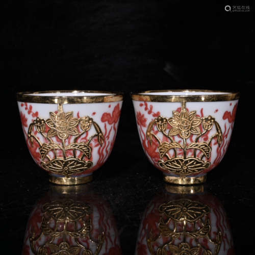 明成化矾红荷花纹包铜杯