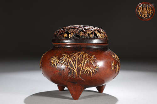旧藏宣德款精铸铜胎鎏金梅兰竹菊纹钵式熏炉