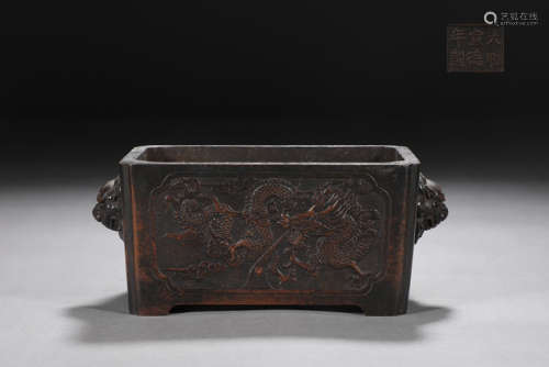 旧藏大明宣德款精铸铜胎龙凤纹狮首耳马槽炉