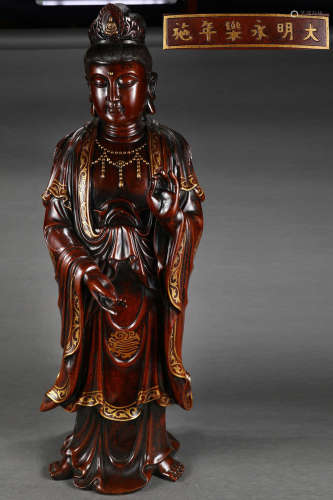 旧藏大明永乐款精铸紫铜胎鎏金自在观音立像