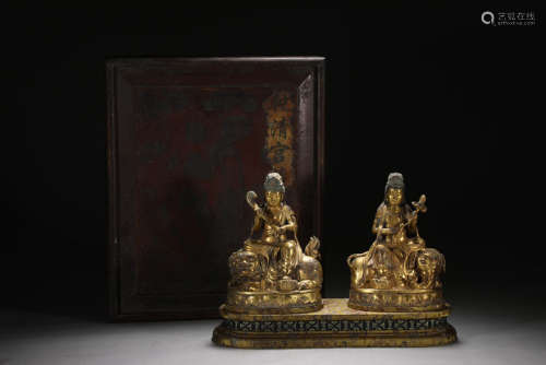 旧藏精铸铜胎鎏金文殊普贤菩萨坐像一组
