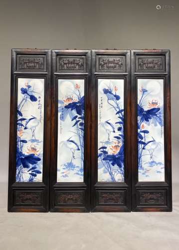 小叶紫檀雕刻老框镶瓷板画手绘青花满堂和气花鸟四条挂屏