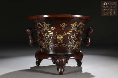 旧藏大明宣德款精铸铜胎鎏金双龙戏珠纹法盏炉
