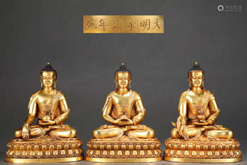旧藏大明永乐款精铸紫铜胎鎏金三世佛坐像一组