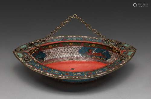 A CHINESE CLOISONNÉ PLATE LATER ALTERED TO A BASKET, THE PLA...