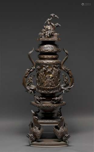 A LARGE JAPANESE BRONZE CENSER WITH GOLD AND SILVER INLAY, M...