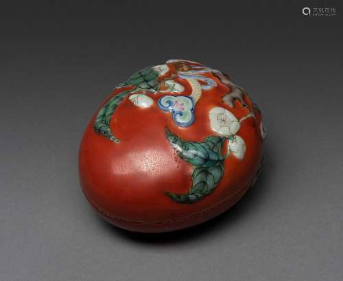 A CHINESE FAMILLE ROSE PEACH-SHAPED BOX AND COVER, DAOGUANG ...