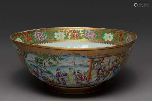 A LARGE CHINESE CANTON FAMILLE ROSE PUNCH BOWL, QIANLONG PER...