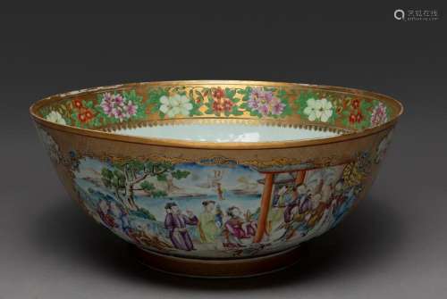 A LARGE CHINESE CANTON FAMILLE ROSE PUNCH BOWL, QIANLONG PER...