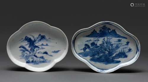 TWO CHINESE BLUE AND WHITE OBLONG QUATREFOIL DISHES, LATE MI...