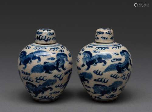 A PAIR OF RARE CHINESE SMALL SOFT PASTE BLUE AND WHITE JARS ...