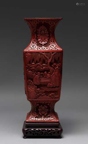 A CHINESE CINNABAR LACQUER SQUARE VASE, QING DYNASTY, 19TH C...