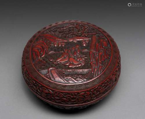 A CHINESE RED CARVED CINNABAR LACUQER BOX AND COVER, 19TH CE...