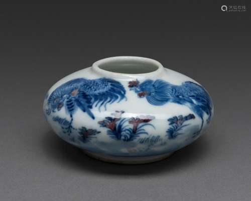 A CHINESE BLUE AND WHITE AND UNDERGLAZE RED ROOSTER WASHER, ...