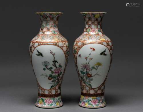 A PAIR OF CHINESE FAMILLE ROSE VASES, JU REN TANG MARK, EARL...
