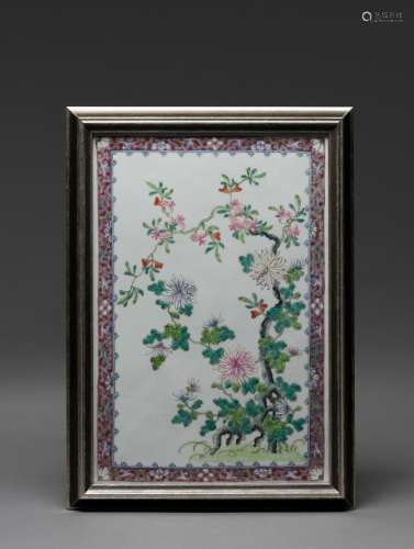 A CHINESE FAMILLE ROSE FLOWER AND TREE PLAQUE, QING DYNASTY,...