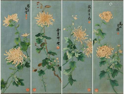 A SET OF FOUR CHINESE CHRYSANTHEMUM PANELS, EARLY 20TH CENTU...