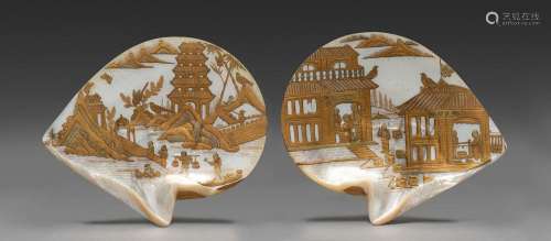 A PAIR OF RARE CHINESE GOLD LACQUER DECORATED SHELLS, LATE Q...