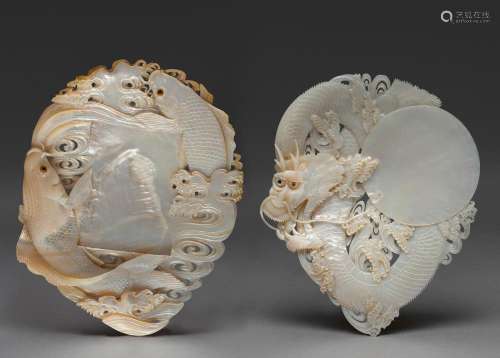 TWO CHINESE CARVED MOTHER OF PEAL SHELLS, LATE 19TH-EARLY 20...