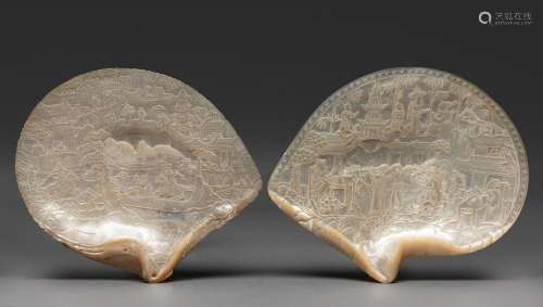 TWO CHINESE CARVED MOTHER OF PEAL SHELLS, LATE 19TH-EARLY 20...