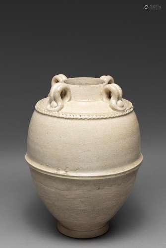 A LARGE CHINESE WHITE-GLAZED FOUR LUGGED JAR, SUI DYNASTY (5...