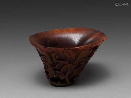 A CHINESE CARVED HORN LIBATION CUP, EARLY QING DYNASTY, 17TH...