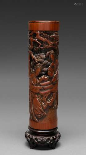 A CHINESE CARVED BAMBOO INCENSE HOLDER, QING DYNASTY, 17TH-1...